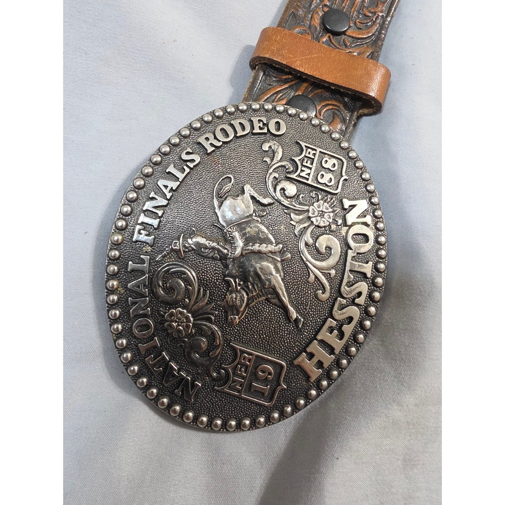 Vintage Hesston National Finals Rodeo 1988 Belt Buckle Tooled Leather Belt Ben